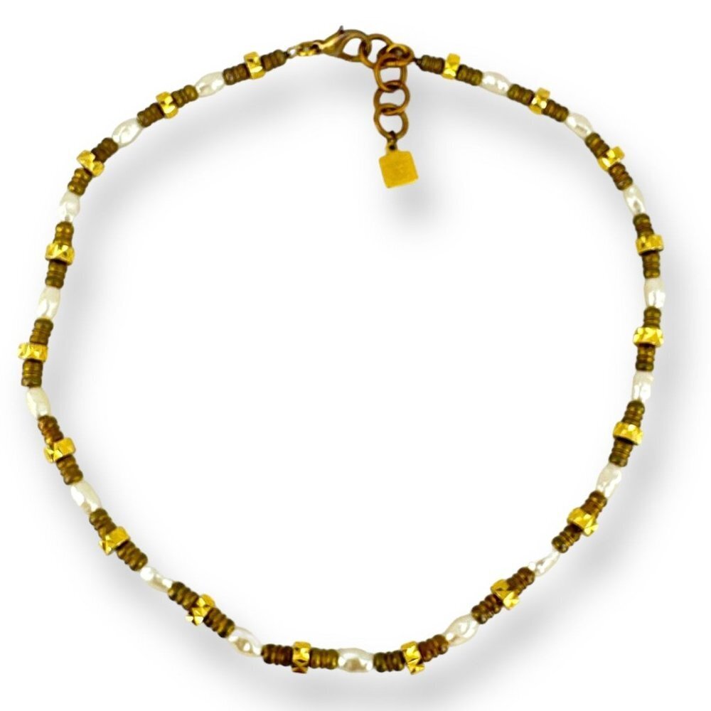One Strand Multi-Shape Metal Bead with Faux Pearl Womens Necklace Lobster Clasp